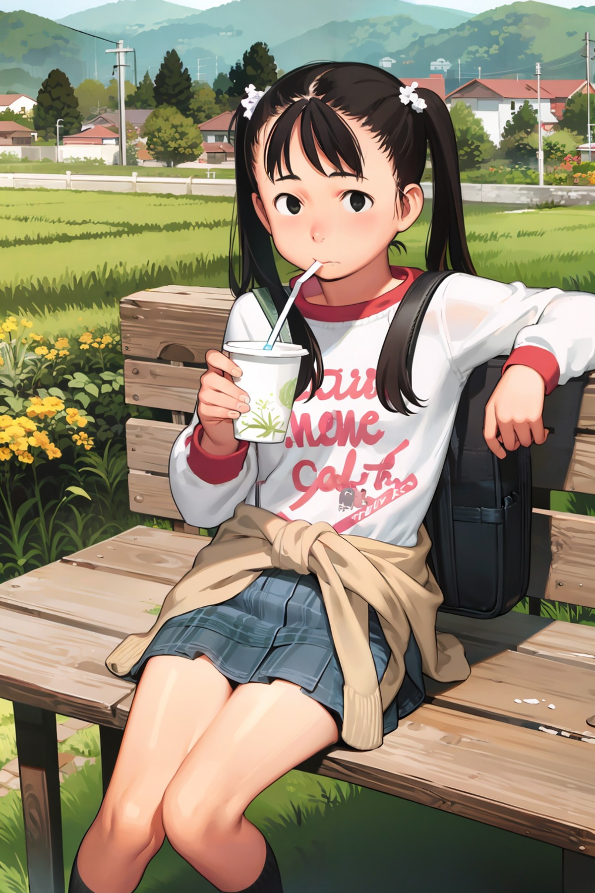 masterpiece, best quality,<lora:comiclo:1>,1girl, solo, backpack, drinking, bag, twintails, sitting, black hair, clothes a...